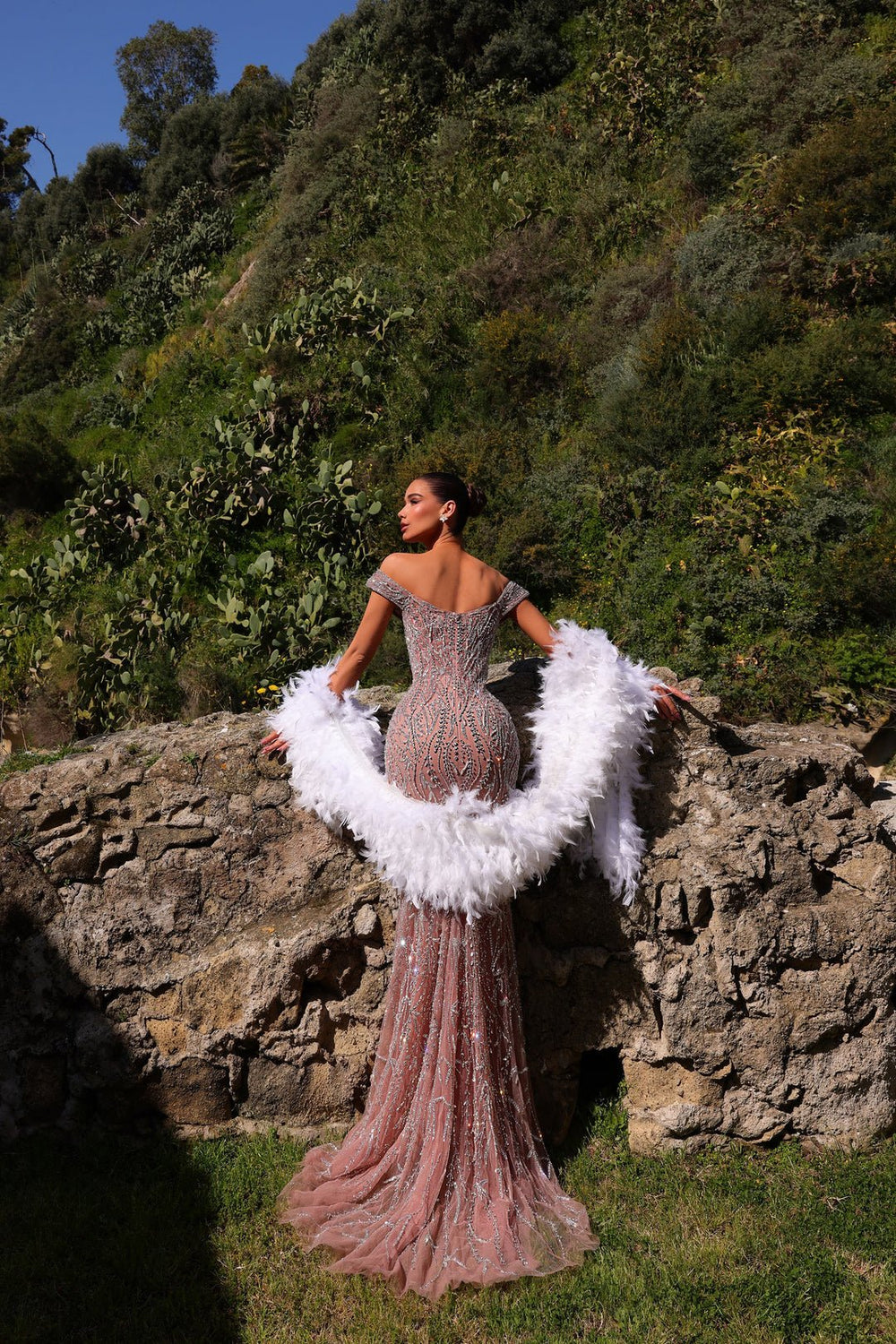 HF110515 Couture Beaded Off-Shoulder Gown with Train
