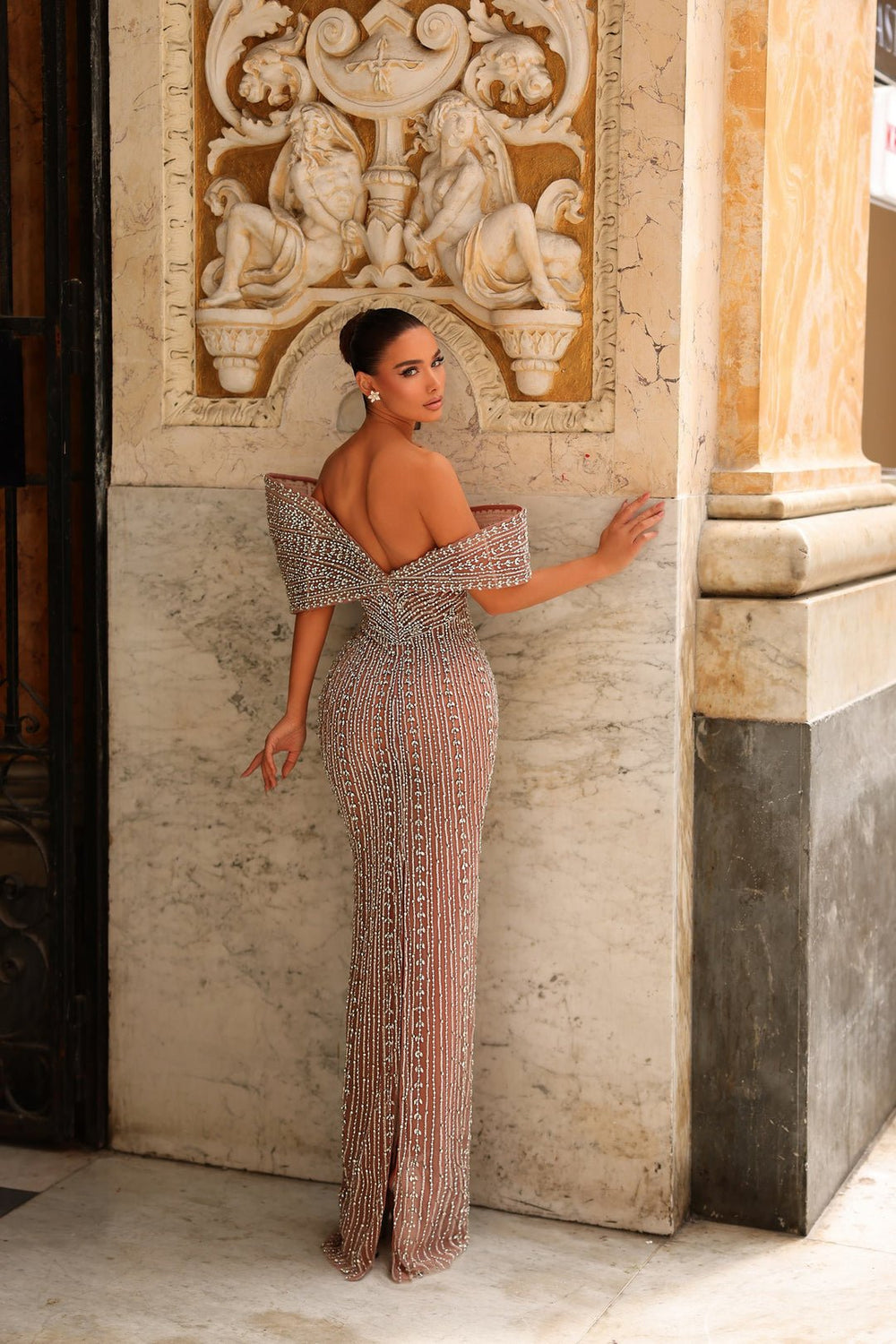 HF110540 Couture Beaded Off-Shoulder Gown with Slit