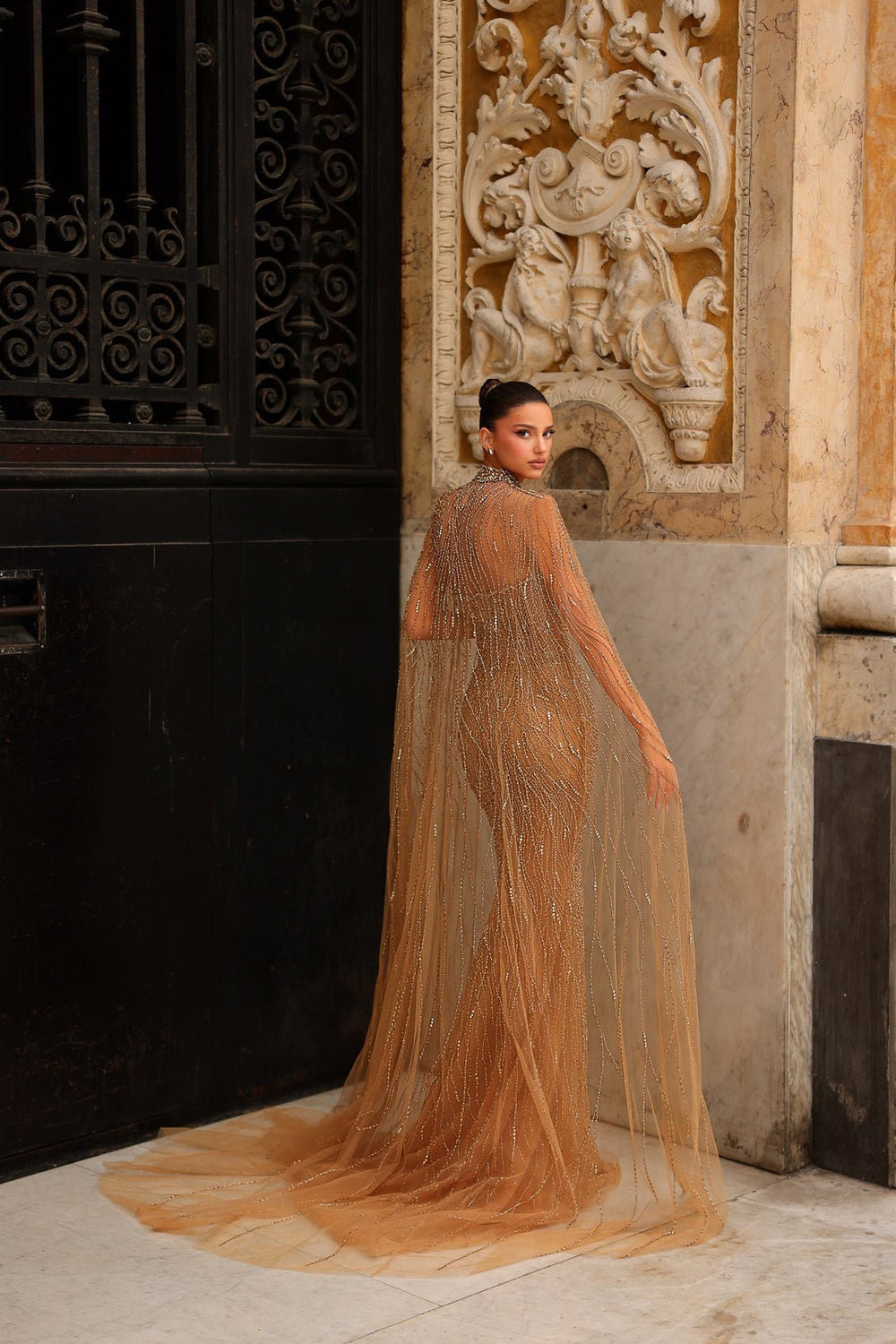 HF110562 Beaded Cape Sleeve Couture Gown | One Honey Priv HF110562 Beaded Cape Sleeve Couture Gown | One Honey Priv