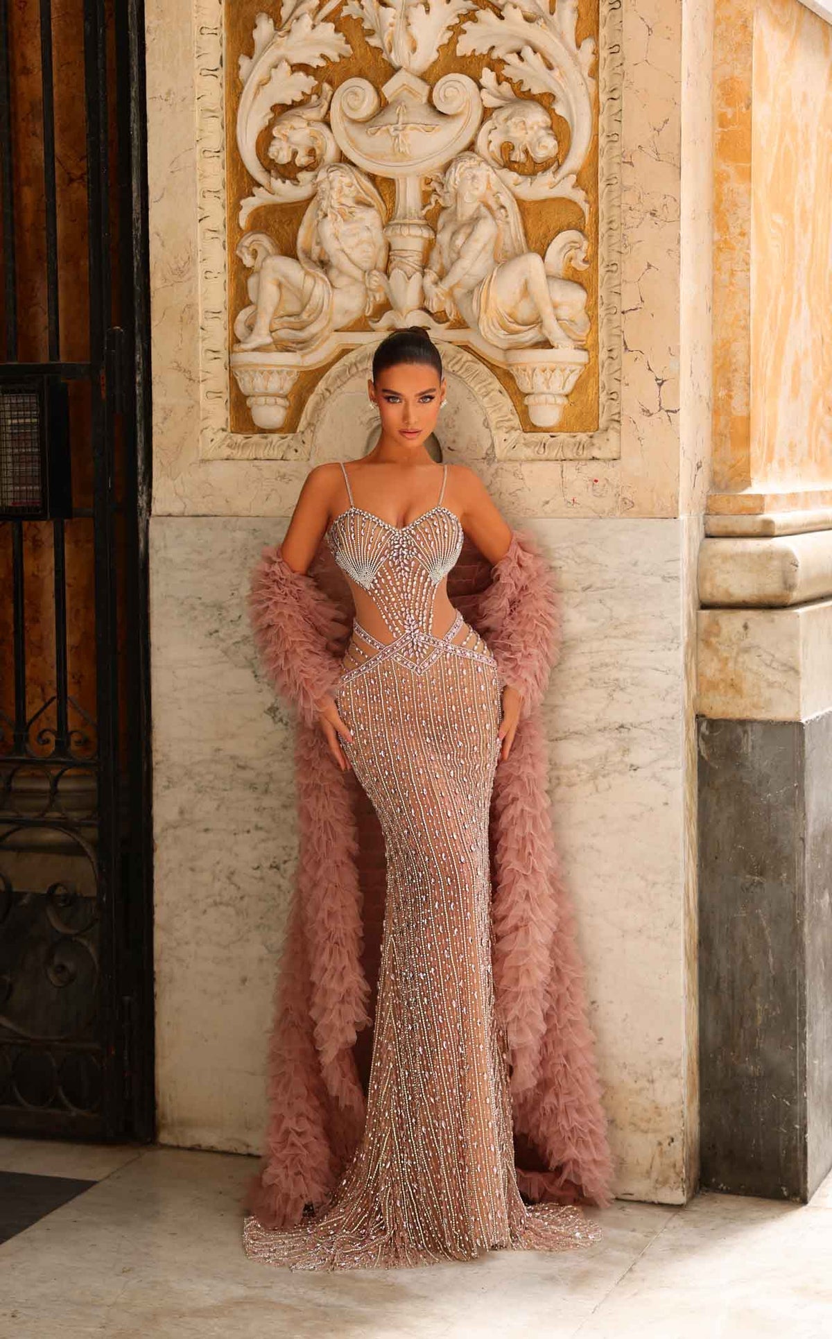PH120114 Couture Beaded Strap Gown with Cutouts)