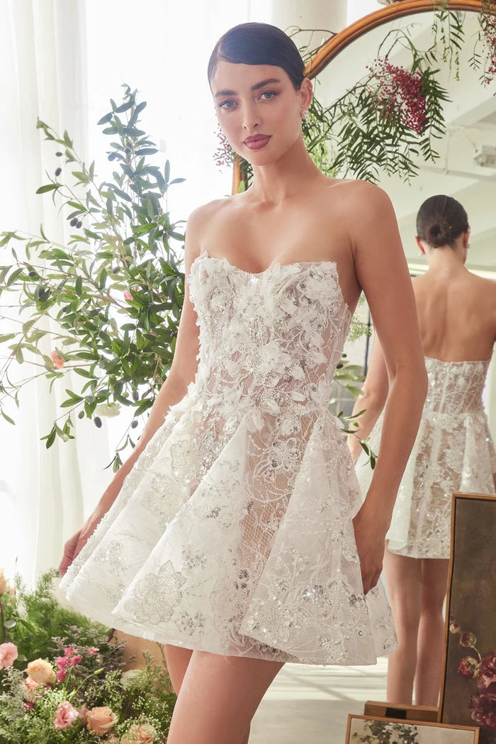INDI Lace Strapless Bridal Mini Dress with Full Skirt