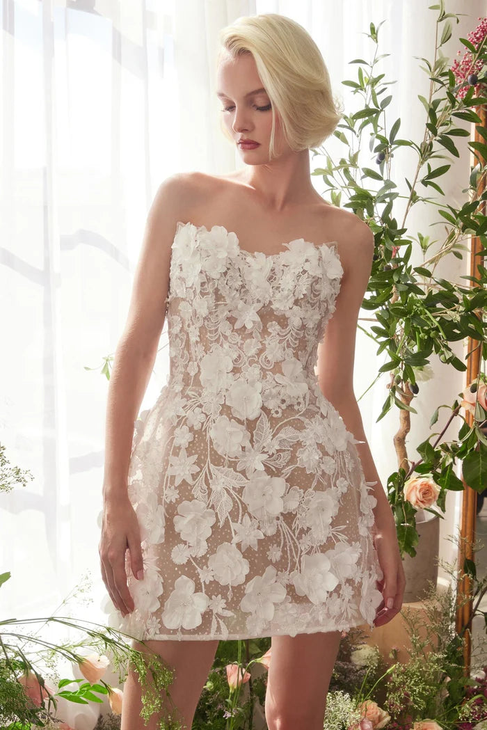 ZENTHA Lace Strapless Bridal Mini Dress with Floral Detail