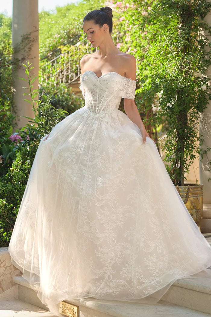 DELVINE Off-Shoulder Floral Ball Gown Wedding Dress